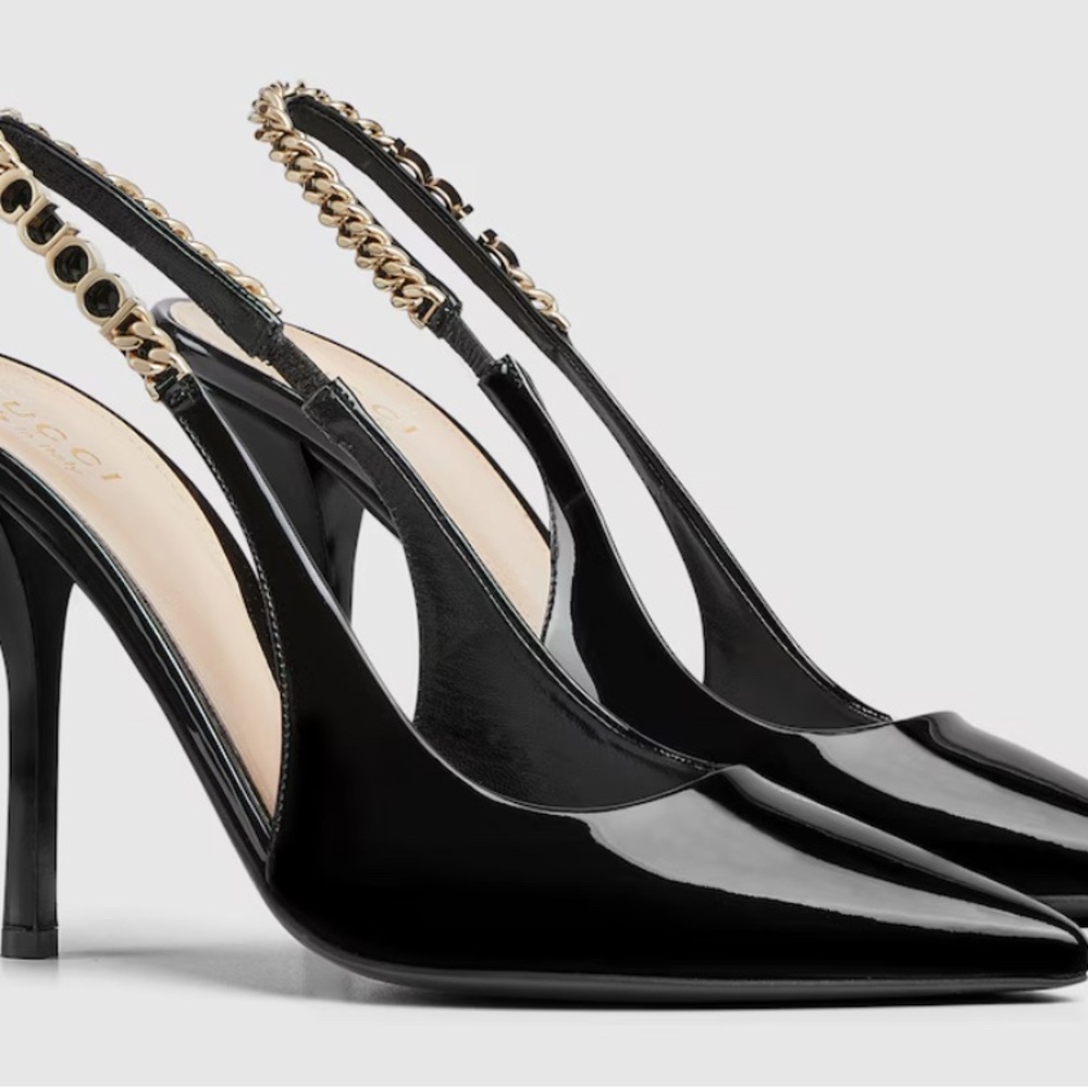 Gucci Black Patent Leather Signoria Slingback Heels
